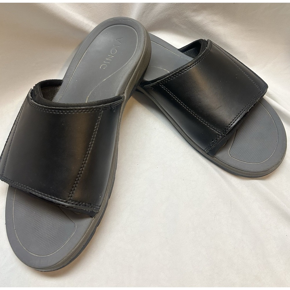 Vionic Stanley Slides Black Adjustable Mens 9 US Leather